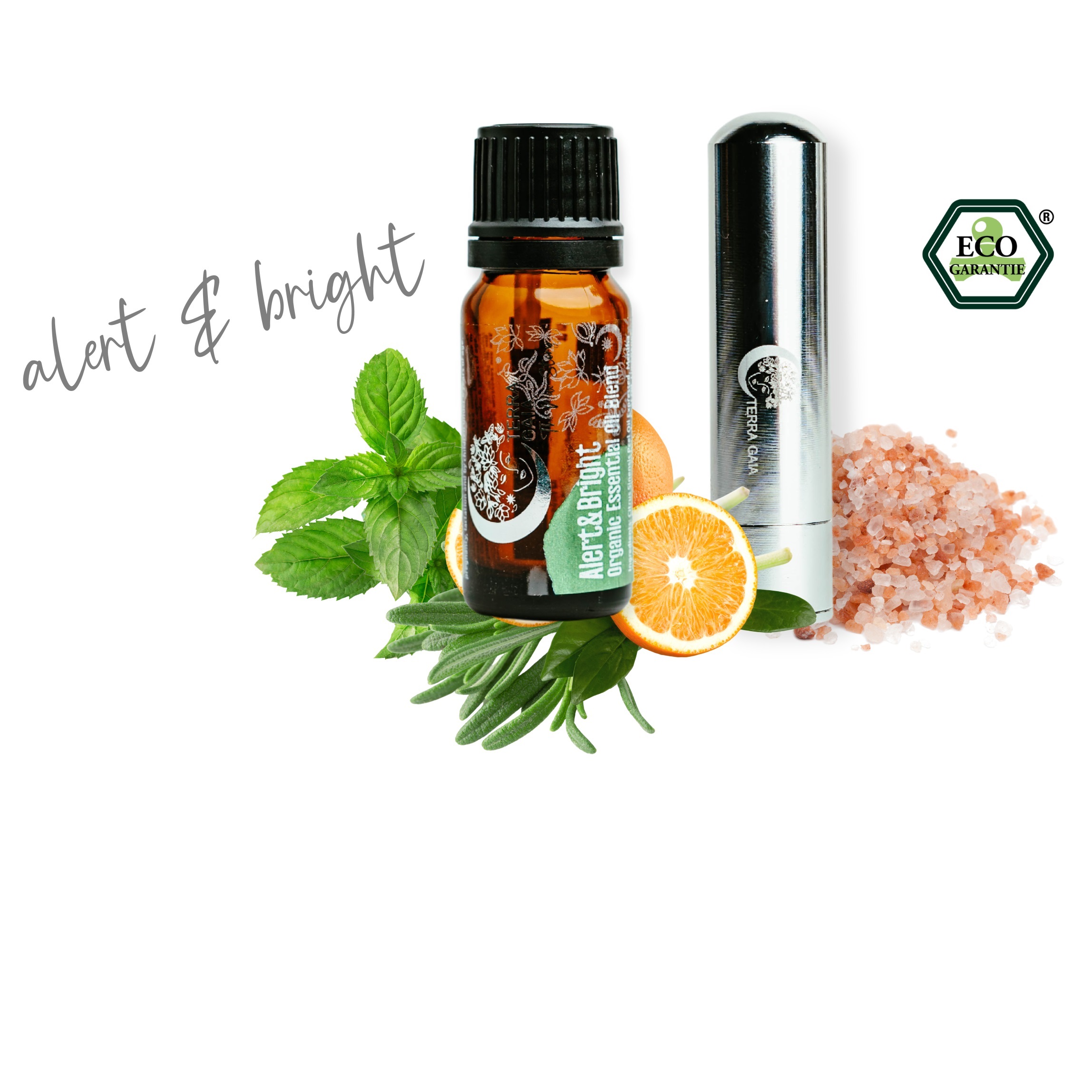 Ekologiškų Terra Gaia eterinių aliejų mišinys „Alert & Bright“ ir difuzorius (rinkinys)