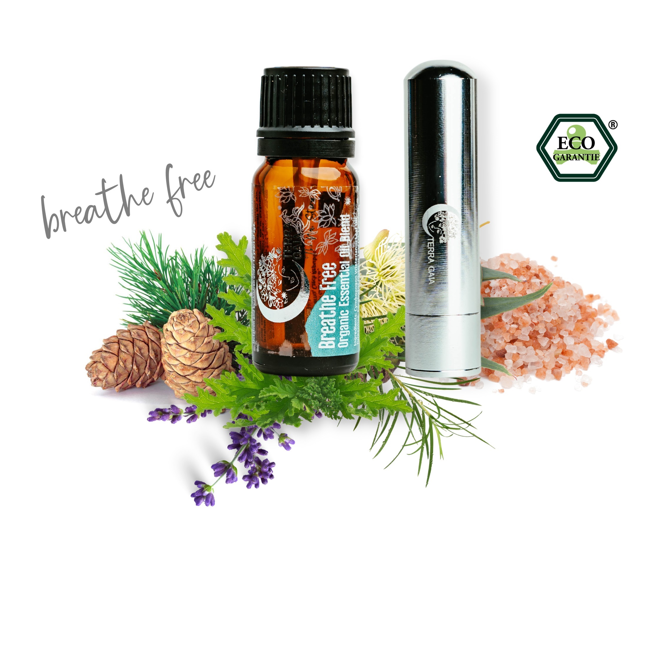 Ekologiškų Terra Gaia eterinių aliejų mišinys „Breathe Free“ ir difuzorius (rinkinys)