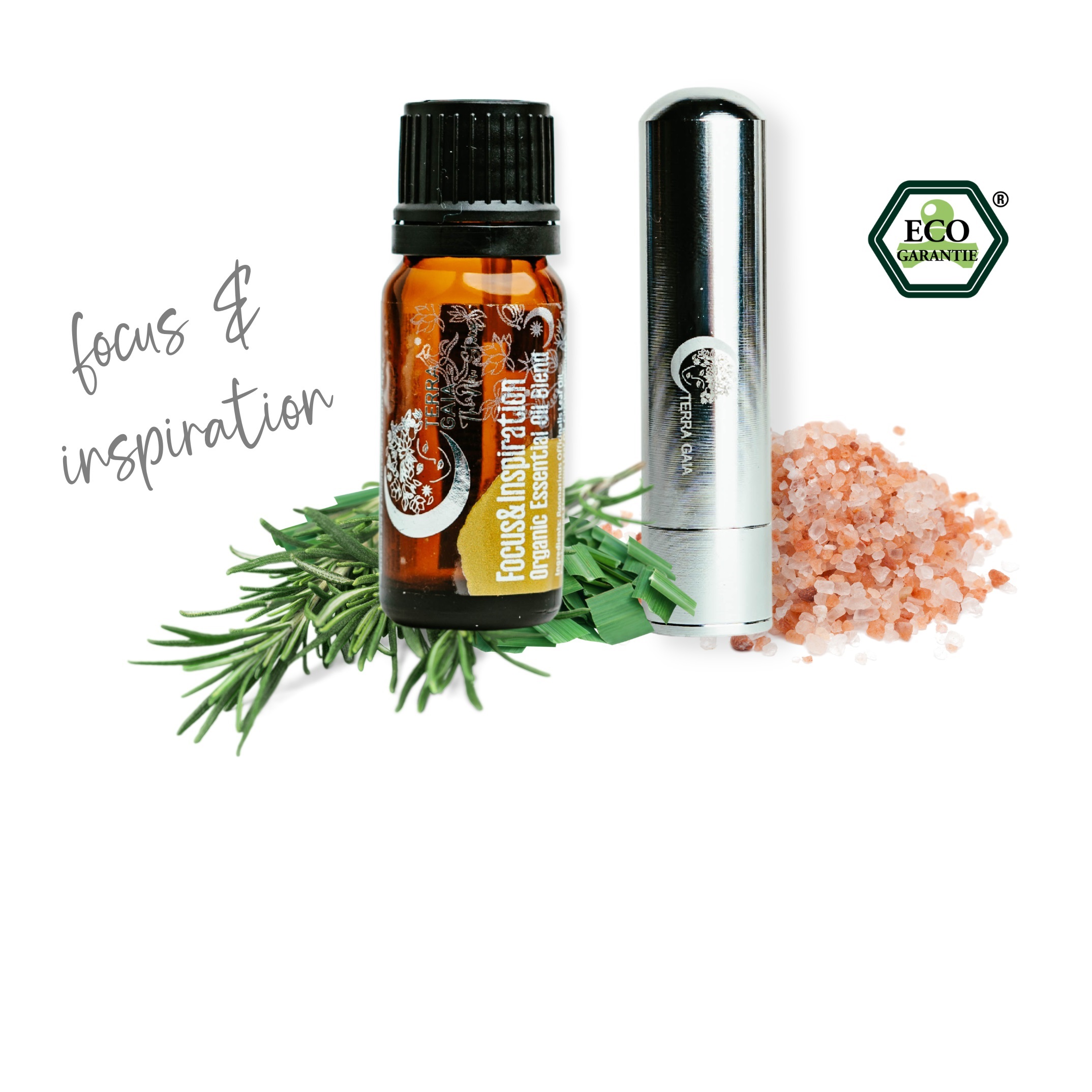 Ekologiškų Terra Gaia eterinių aliejų mišinys „Focus & Inspiration“ ir difuzorius (rinkinys)