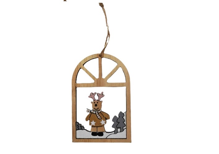 Medinis Kalėdinės eglutės žaisliukas / Kalėdinė dekoracija "Medinis paveikslėlis su linksmu Kalėdiniu briedžiuku"