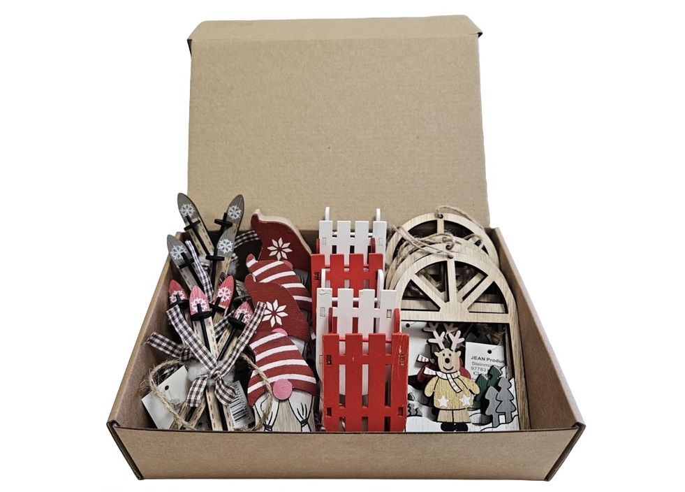 Medinių kalėdinės eglutės žaisliukų ir dekoracijų rinkinys, 16 vnt.